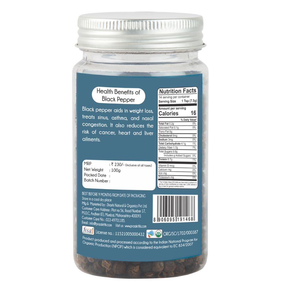 Organic Black Peppercorns | 100 G | Praakritik